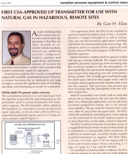 First CSA-Approved I/P Transmitter for Use with Natural Gas in Hazardous Locations