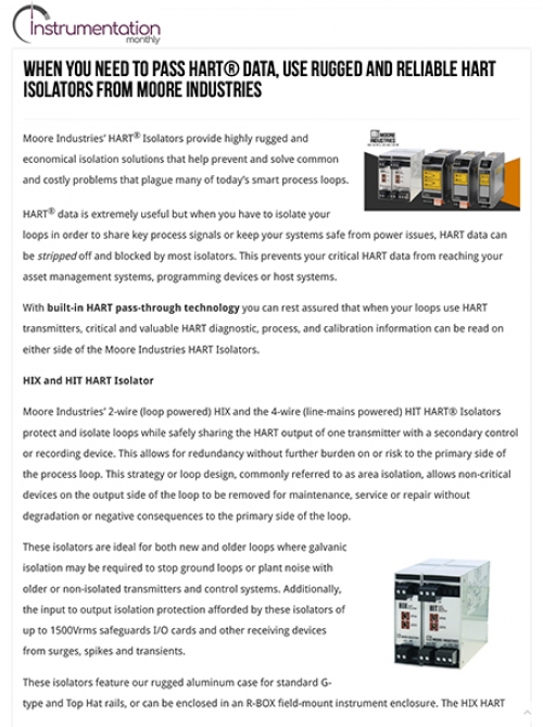 Rugged and Reliable HART Isolators from Moore Industries